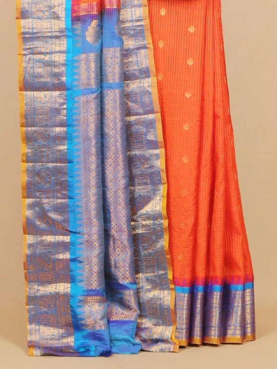 Orange by peacock blue zari checks gadhwal silk saree