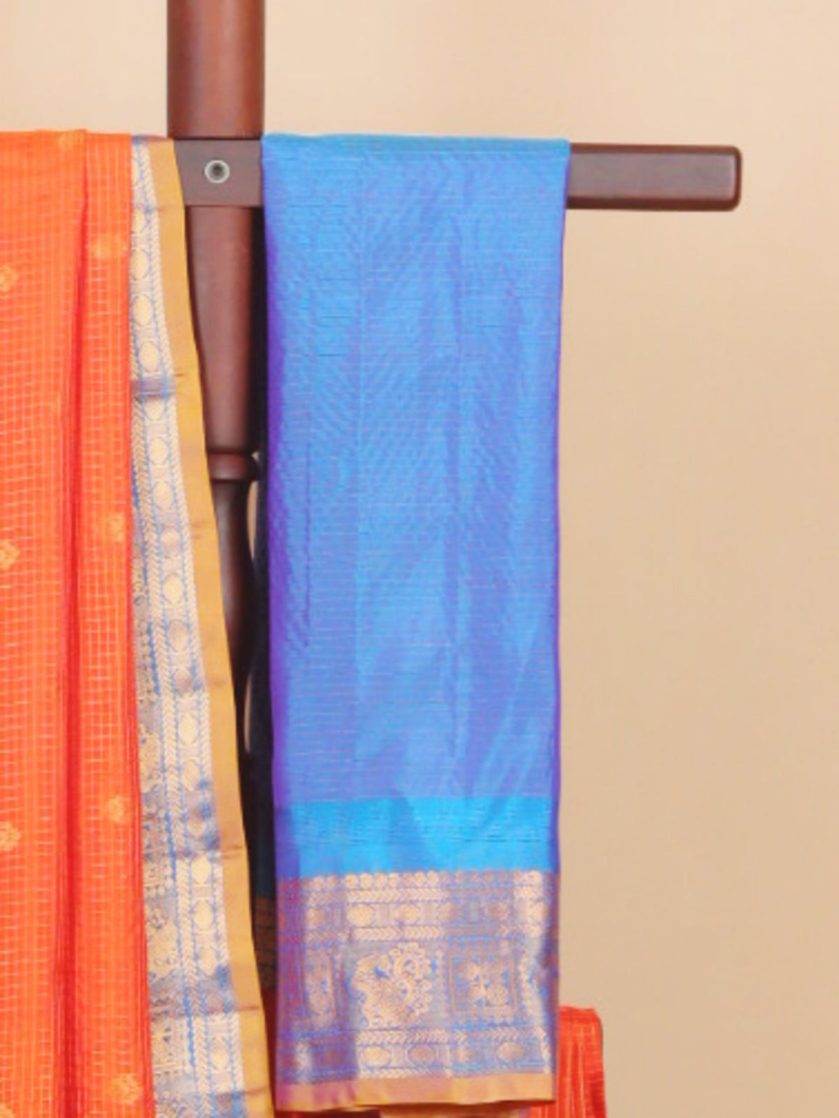 Orange by peacock blue zari checks gadhwal silk saree