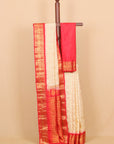 Cream ivory by red temple zari checks gadhwal silk saree
