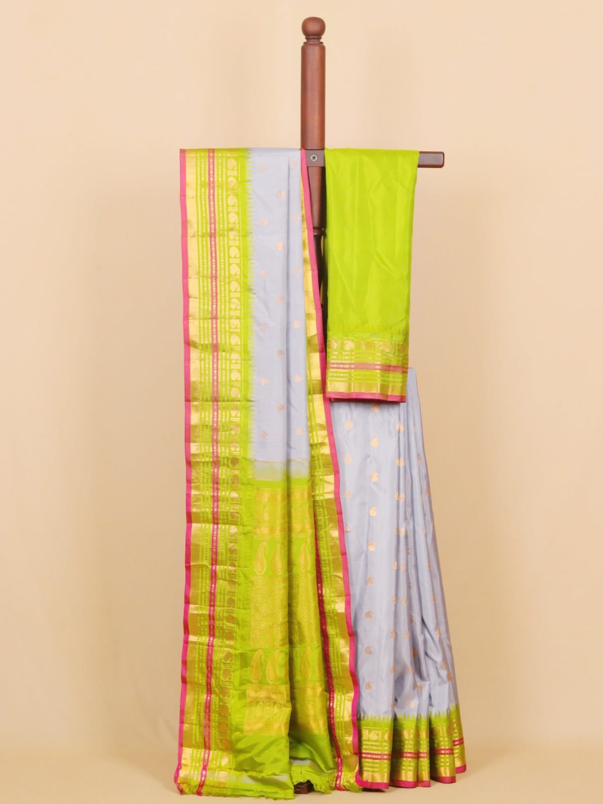 Grey by parrot green gadhwal silk saree