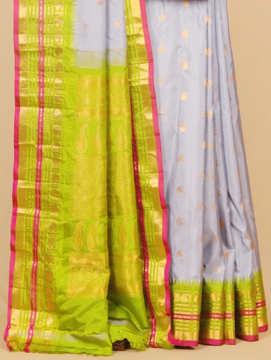 Grey by parrot green gadhwal silk saree