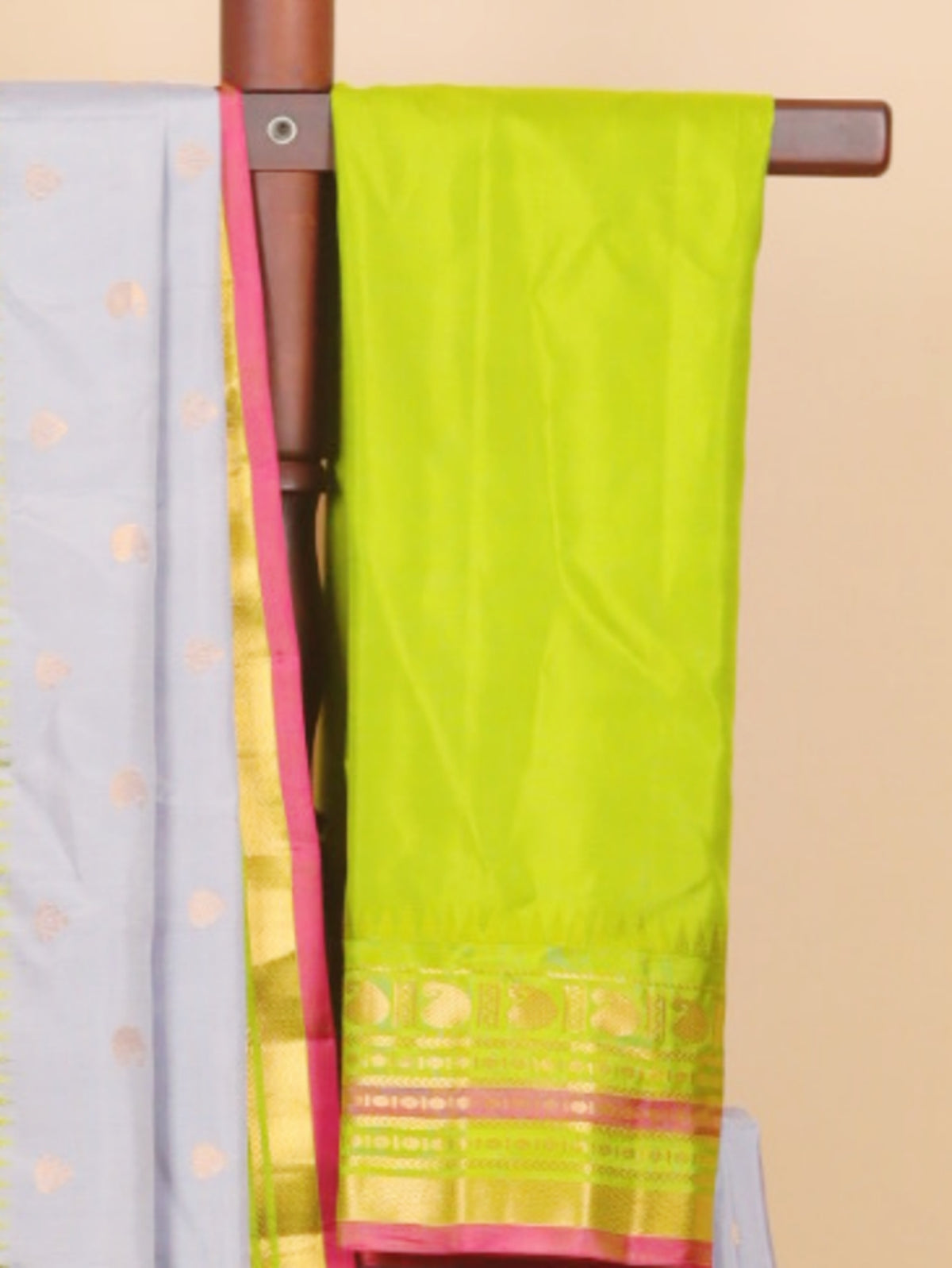 Grey by parrot green gadhwal silk saree