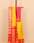 Mustard by red temple zari checks gadhwal silk saree