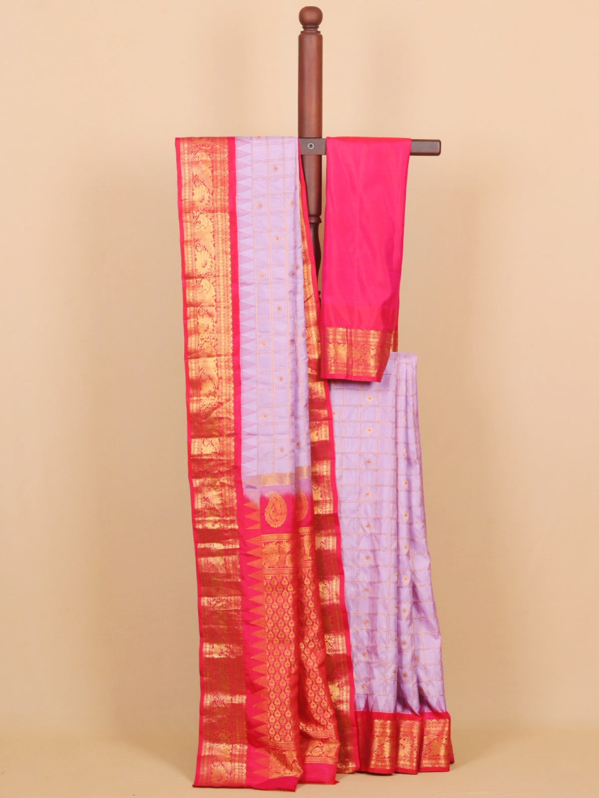 Lavander by red temple zari checks gadhwal silk saree