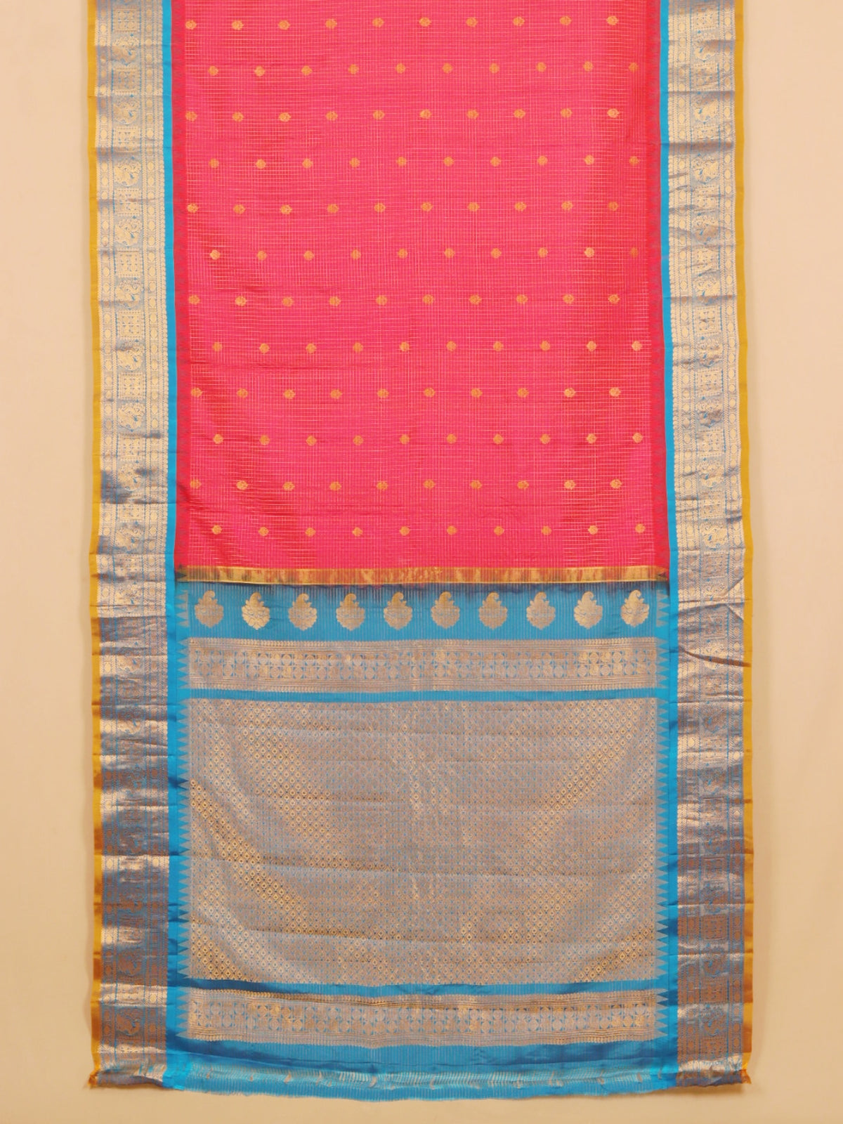 Rani pink by peacock blue zari checks gadhwal silk saree