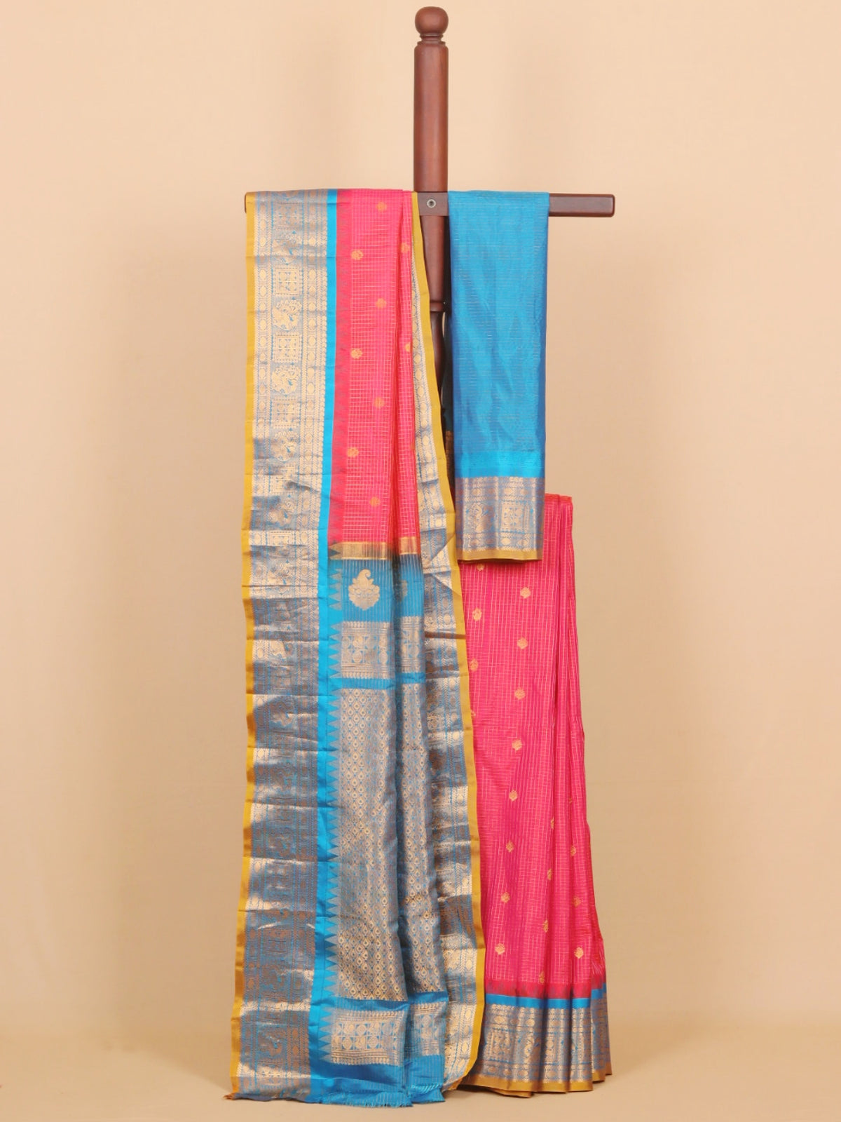 Rani pink by peacock blue zari checks gadhwal silk saree