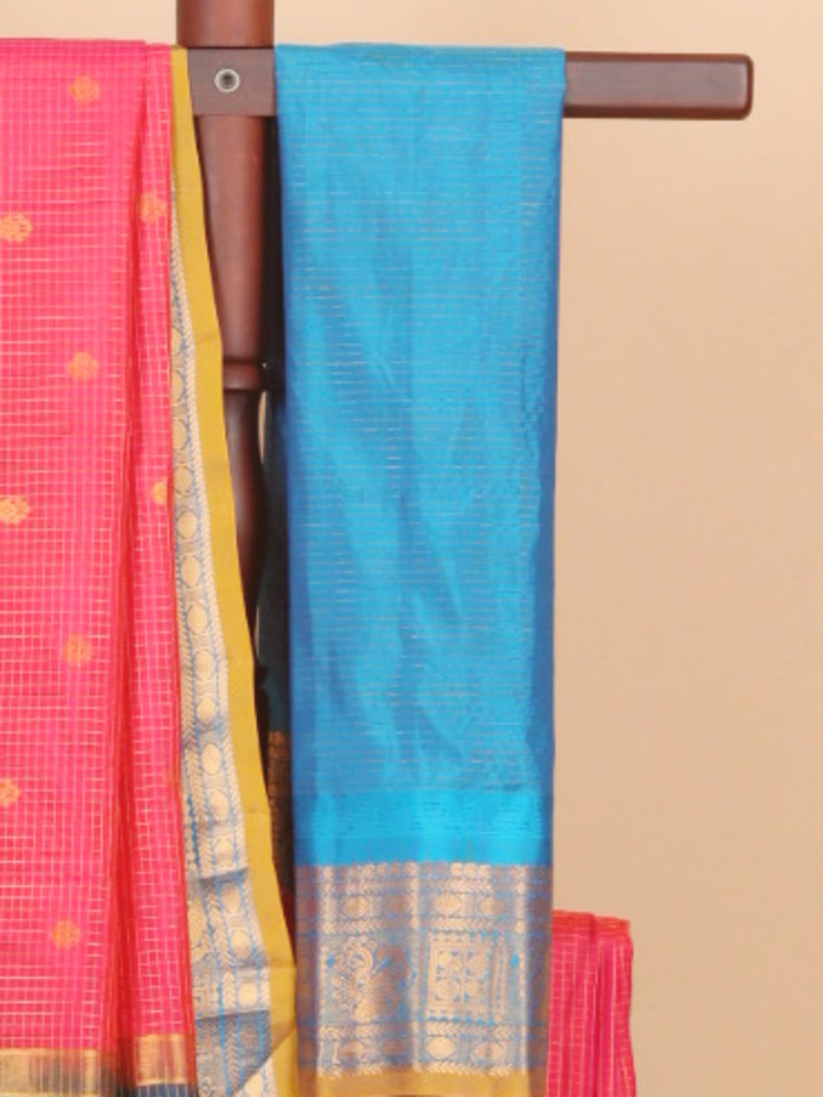 Rani pink by peacock blue zari checks gadhwal silk saree