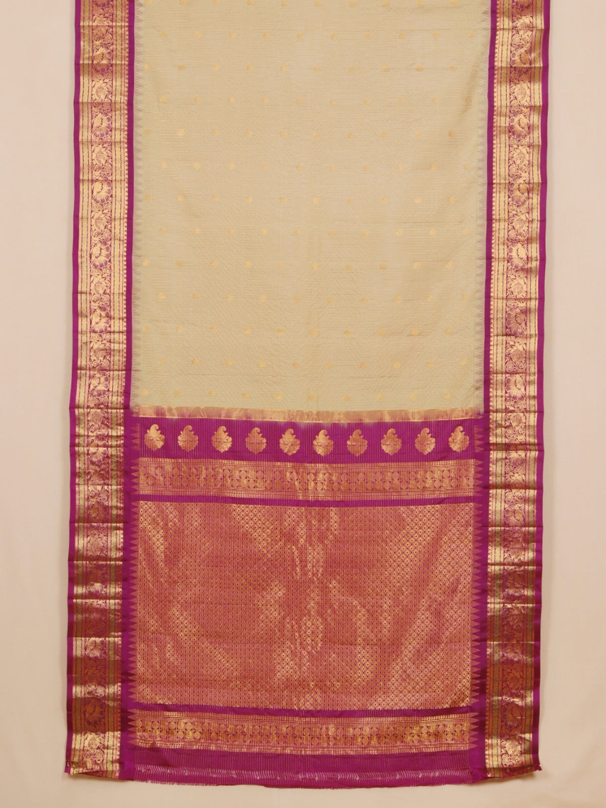 Beige by wine magenta small zari checks gadhwal silk saree