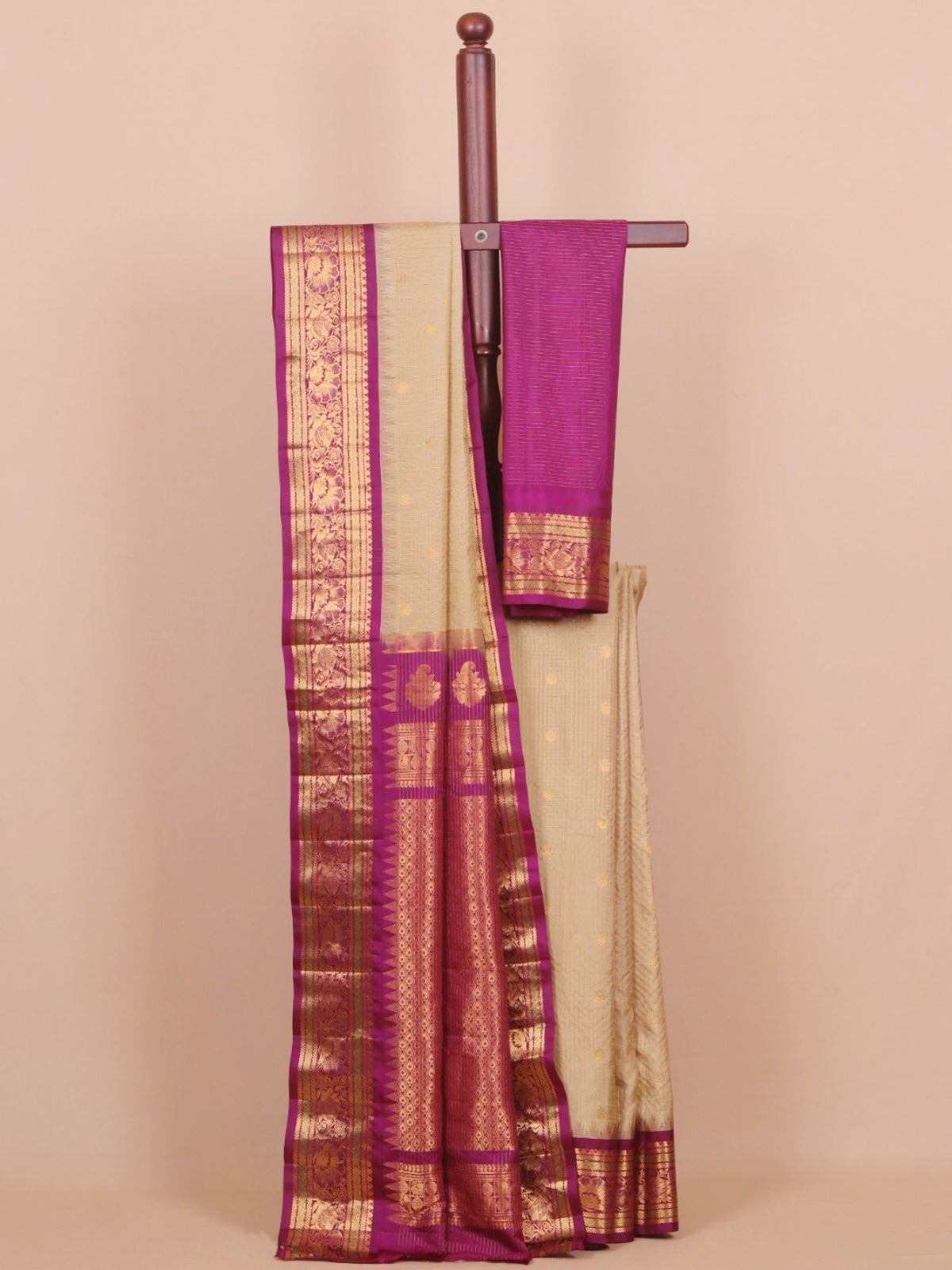 Beige by wine magenta small zari checks gadhwal silk saree