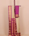 Beige by wine magenta small zari checks gadhwal silk saree