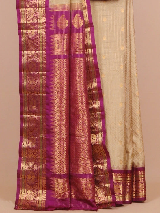 Beige by wine magenta small zari checks gadhwal silk saree