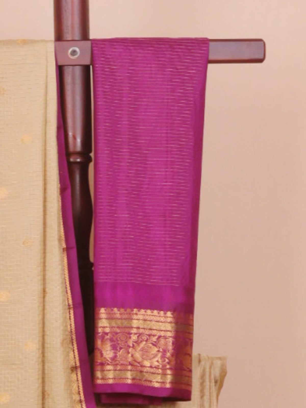 Beige by wine magenta small zari checks gadhwal silk saree