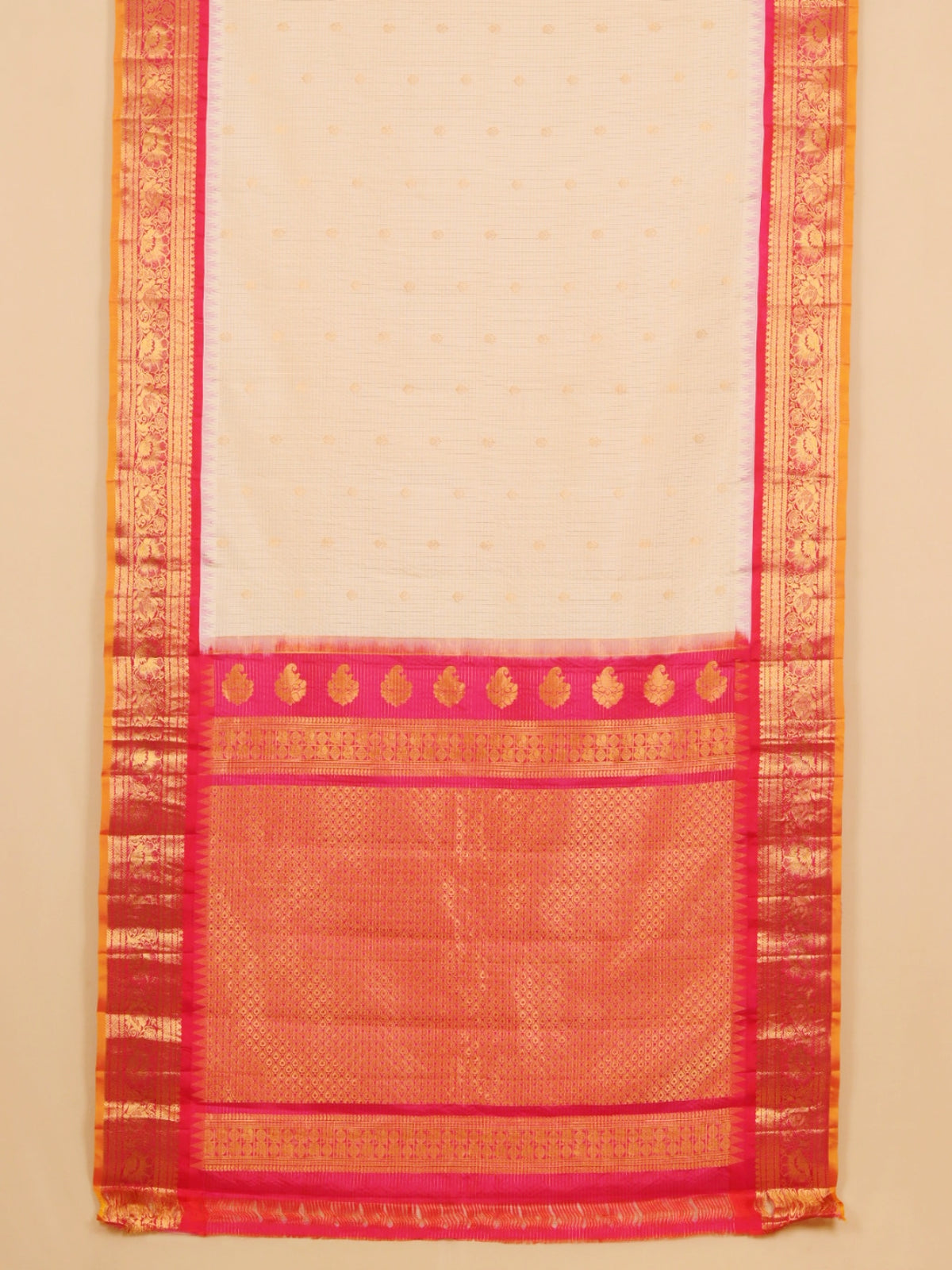 Cream by red small zari checks gadhwal saree