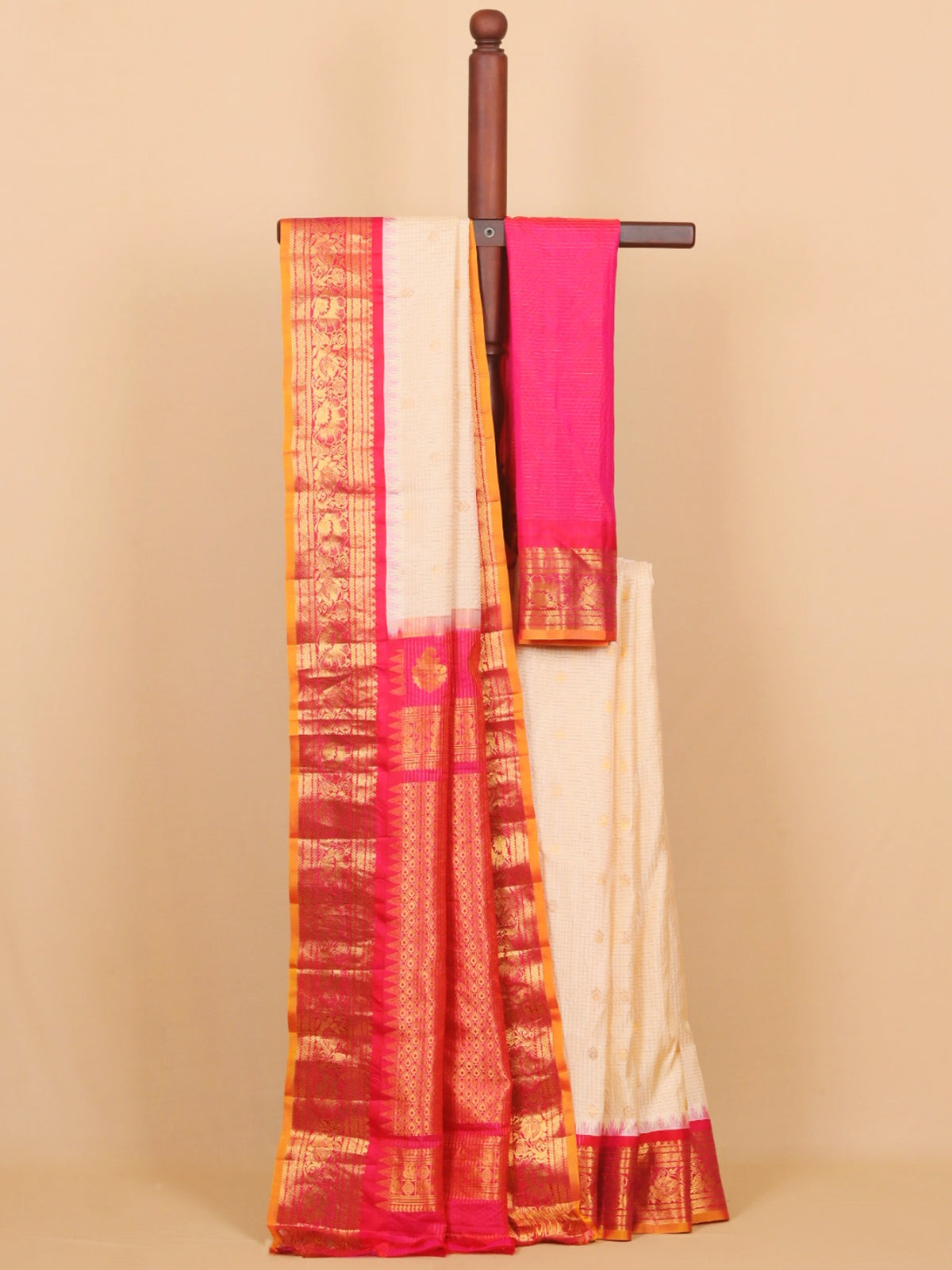 Cream by red small zari checks gadhwal saree