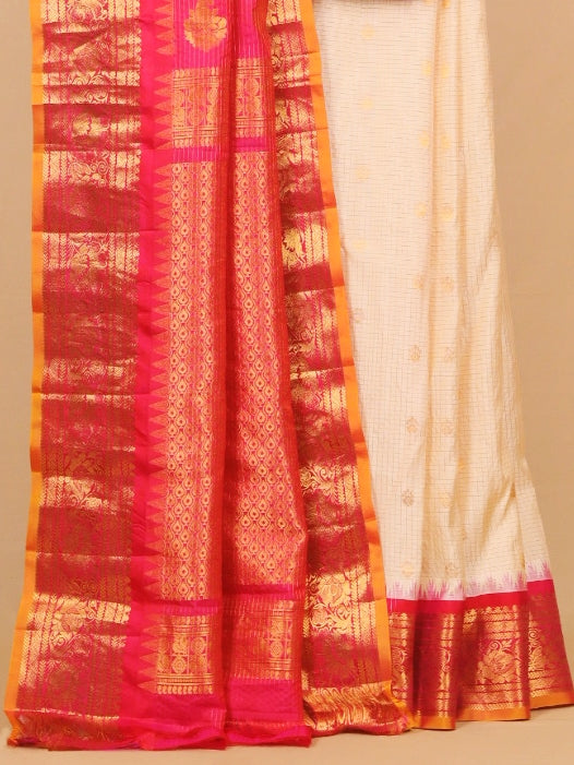 Cream by red small zari checks gadhwal saree