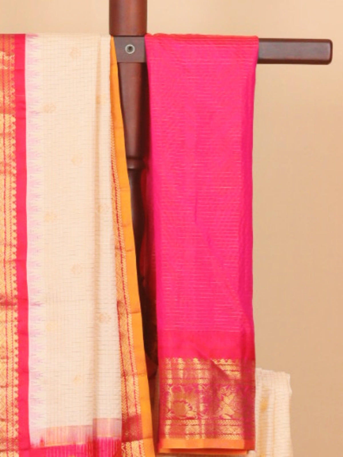 Cream by red small zari checks gadhwal saree