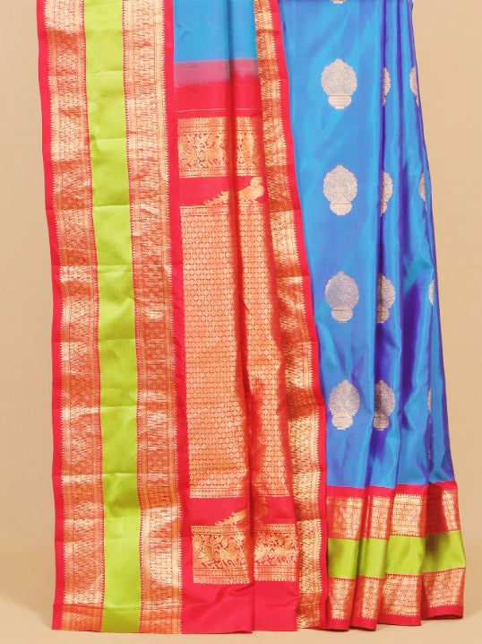 Peacock blue by red gadhwal silk saree