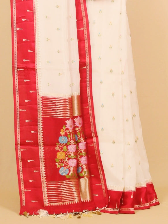 Ivory cream by maroon viscose crepe saree