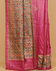 Magenta madhubani printed khadi silk saree