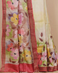 Ivory cream pista handprinted silk saree