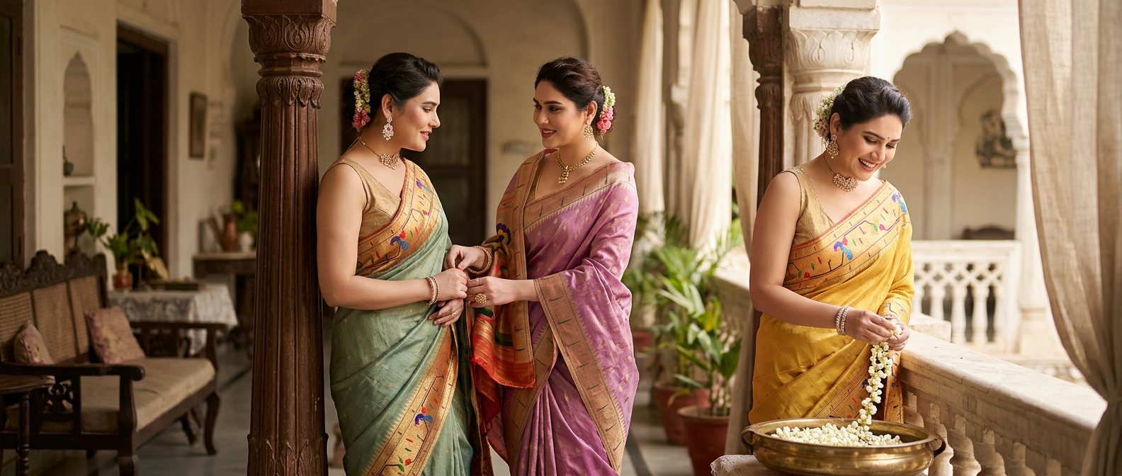Three women in traditional sarees standing on a balcony with decorative elements.