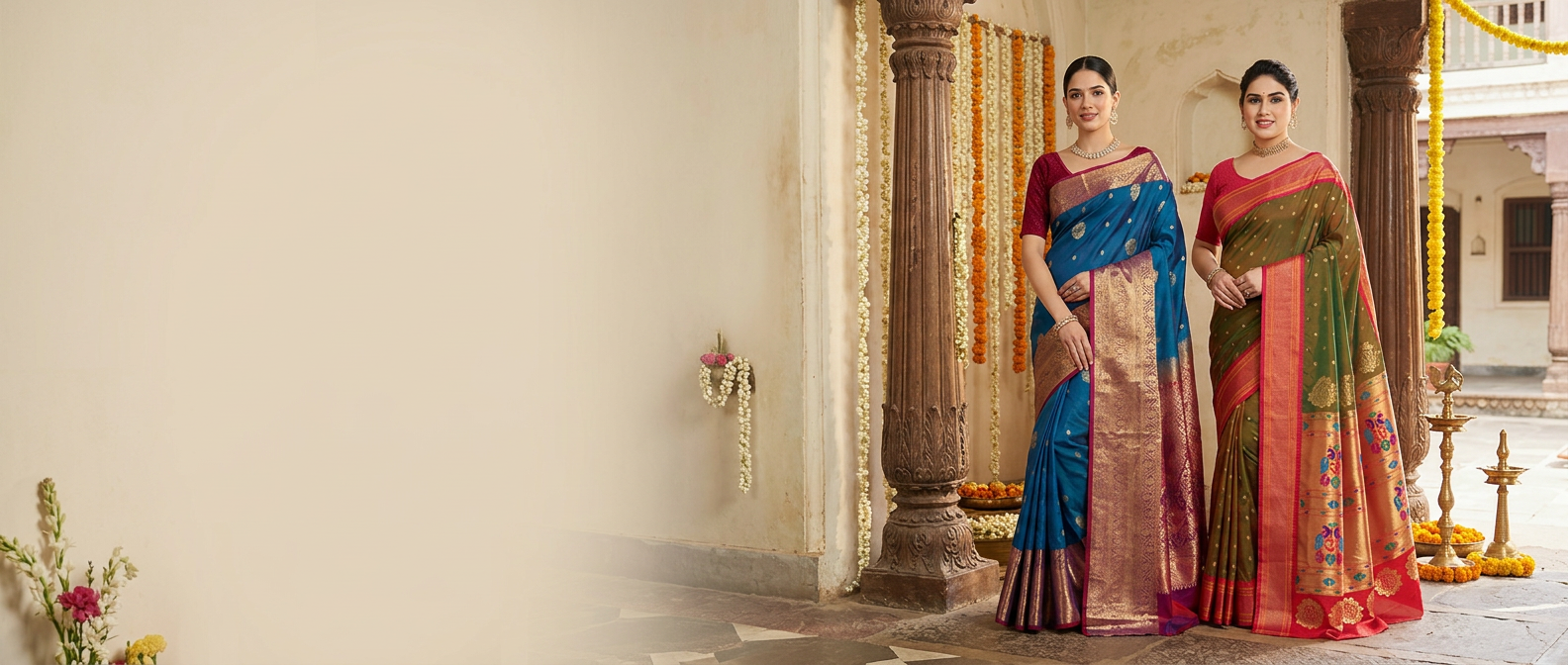 Two women in traditional sarees standing in a decorative indoor setting.