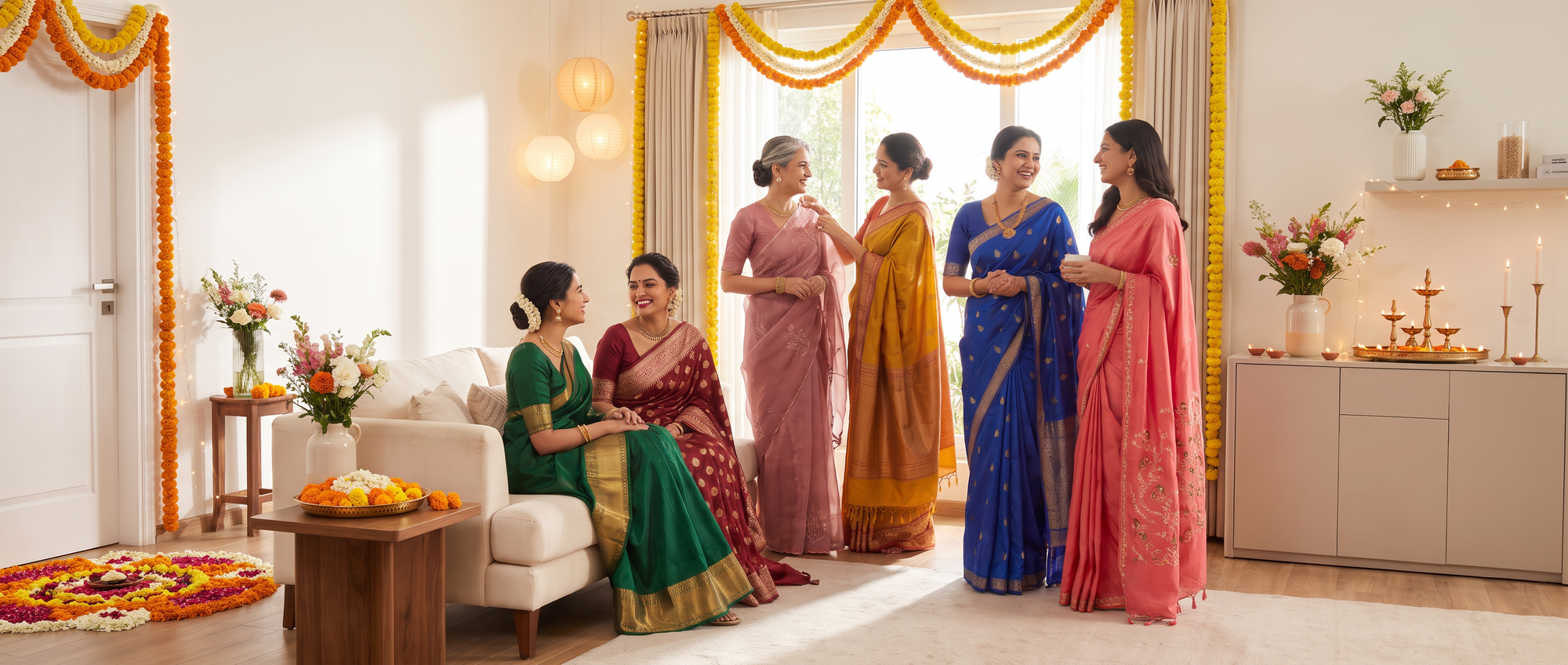 Six women wearing traditional Indian sarees in green, red, pink, orange, and blue stand and sit in a beautifully decorated Indian living room decorated with marigold garlands, flowers, and candles.